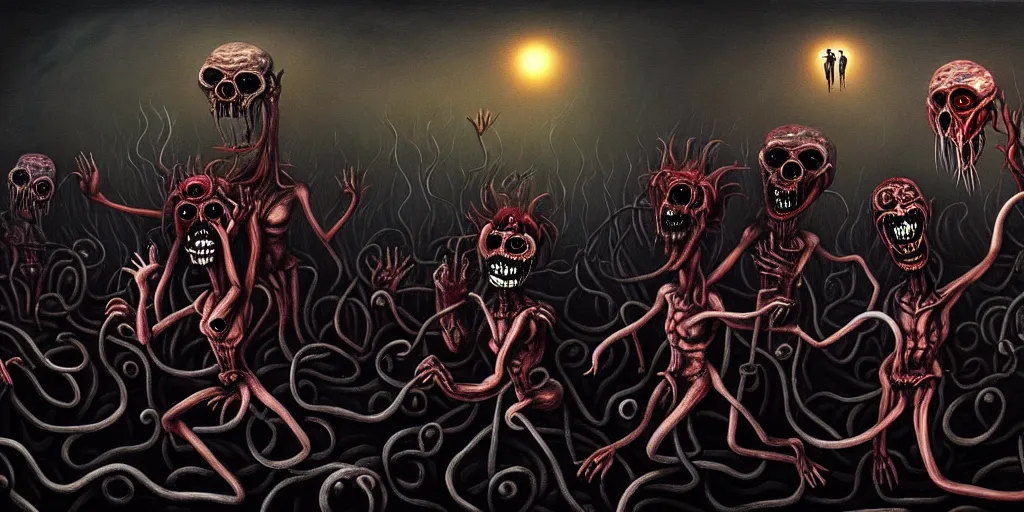 Prompt: repressed emotion creatures and monsters at the mouth of hell, attempting to escape and start a revolution, in a dark surreal painting by ronny khalil