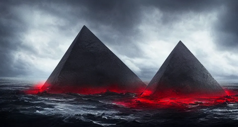 Image similar to photo of black lovecraftian eldritch!! obsidian pyramid!! on a snowy island surrounded by raging stormy seas, with a large shadow of a creature in the background, night, red lightning!!, storm!, dramatic lighting, photo realistic, 8 k