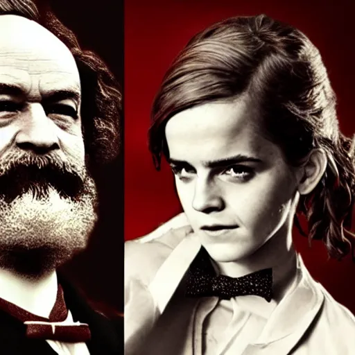 Image similar to battle of karl marx vs emma watson, kfc poster. symmetry, awesome exposition, very detailed, highly accurate, professional lighting diffracted lightrays, 8 k, sense of awe