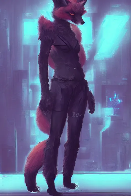 Image similar to a fox fursona, trending on artstation, by kawacy, furry art, digital art, cyberpunk