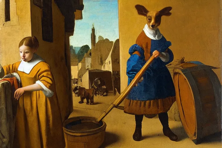 Prompt: girl with brown hair, short horns, long animal ears, a yellow t - shirt and blue overalls, wearing a barrel in a medieval marketplace, baroque, art by johannes vermeer