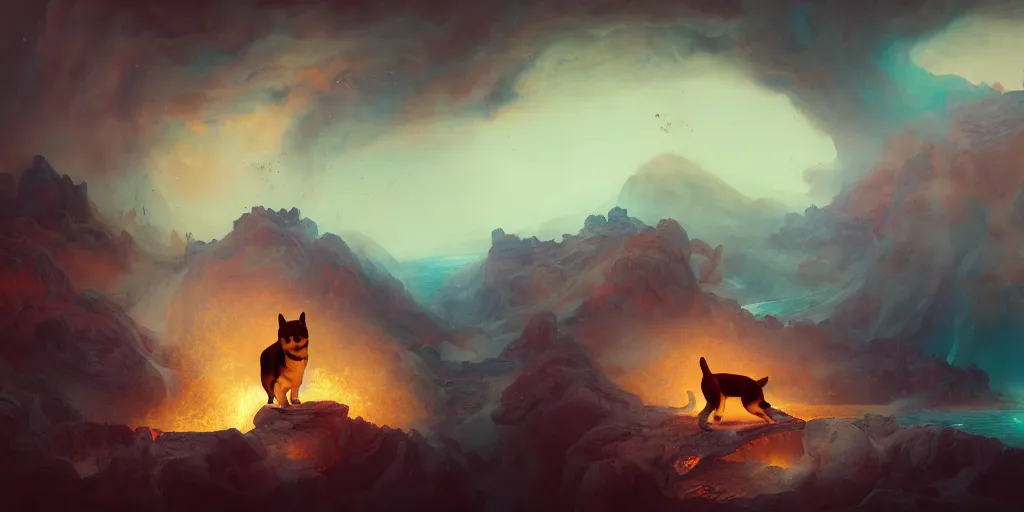 Prompt: a shiba inu in a volcano, mythology, extremely detailed digital painting, in the style of dali, jheronimus bosch and ruan jia and jeremy lipking and peter mohrbacher, mystical colors, edge light, beautiful lighting, 4 k, stunning scene, ray tracing, octane, trending on artstation