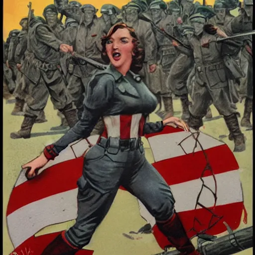 Image similar to female captain america standing on a pile of defeated german soldiers. wwii american propaganda poster by james gurney