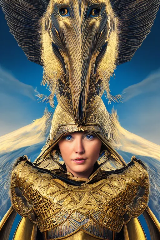 Prompt: realistic detailed photo of ladyhawke, soaring through the sky, blue eyes, woven armour with , intricate complexity, Behance, golden ratio, +fibanci background, vray, rich deep colors