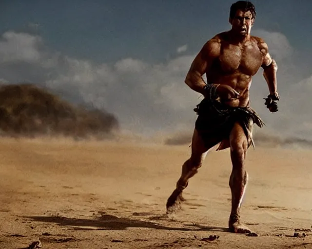 Prompt: single spartan running on australian beach, epic award winning action cinematic still from the movie 3 0 0