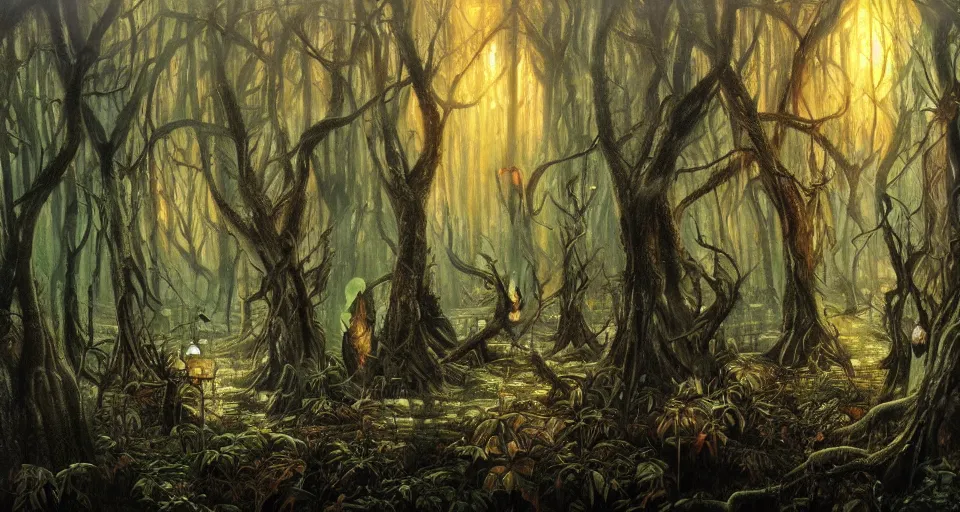 Prompt: A dense and dark enchanted forest with a swamp, by Karol Bak