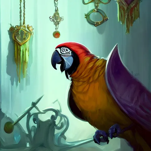 Image similar to Magic the gathering artwork of Anthropomorphized parrot trader in his shop, shelves full, selling a gem, portrait, items, magic potions, carpet, window, fancy funny hat, sly expression , cunning expression, cute expression, presenting magic gem, D&D, fantasy, cinematic lighting, highly detailed, digital painting, artstation, concept art, smooth, sharp focus, illustration, warm light, cozy warm tint, magic the gathering artwork, volumetric lighting, 8k, no gold, no gold colours, art by Akihiko Yoshida and Greg Rutkowski