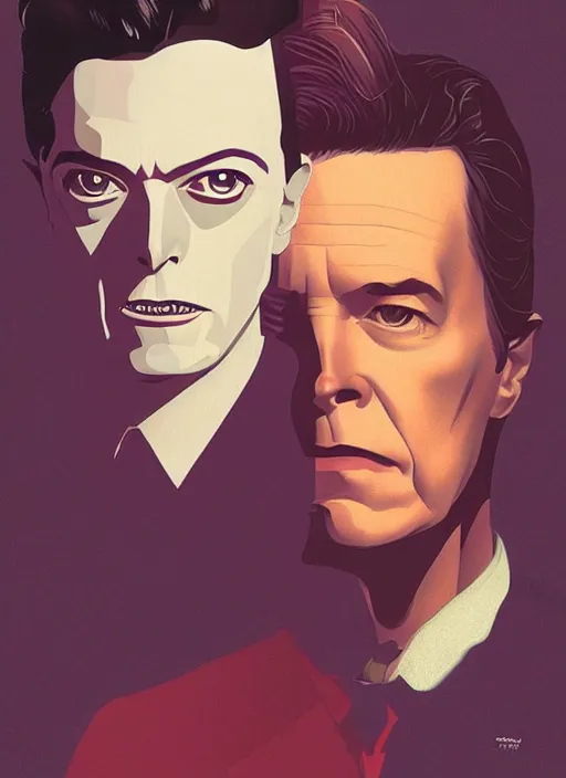 Prompt: Twin Peaks poster artwork by Michael Whelan and Tomer Hanuka, Karol Bak, Rendering of agent David Bowie and agent Cooper Kyle Maclachlan, from scene from Twin Peaks, full of details, by Makoto Shinkai and thomas kinkade, Matte painting, trending on artstation and unreal engine