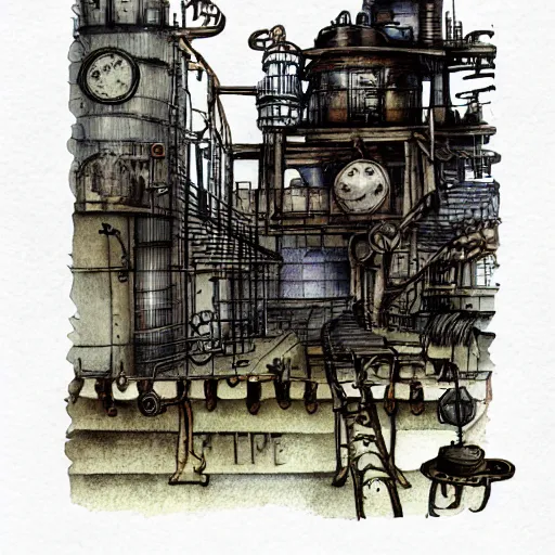 Prompt: Steampunk factory, ink and watercolor, dark vibe