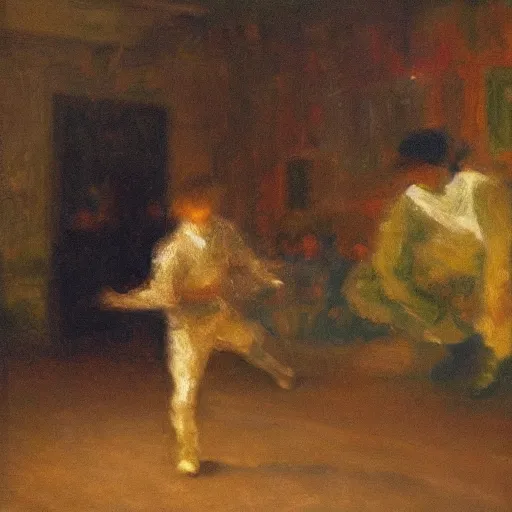 Prompt: an impressionist painting of a boydancing in the dark room, dim light, soft mood
