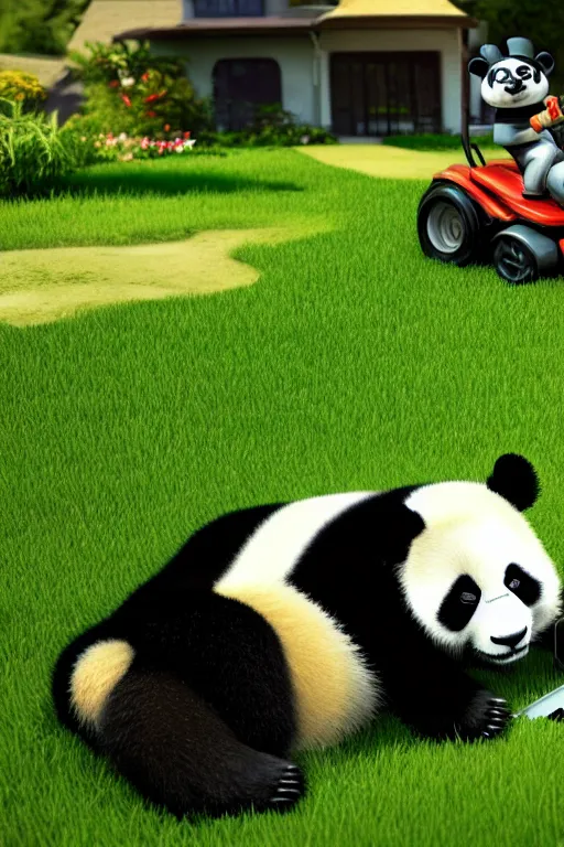 Prompt: a panda sitting on a modern lawn mower mowing his lawn, suburban garden, cgsociety and beeple highly detailed, cinematic lighting, illustration, art, octane render, unreal engine lumen, very coherent. cinematic, hyper realism, high detail, octane render, 8 k