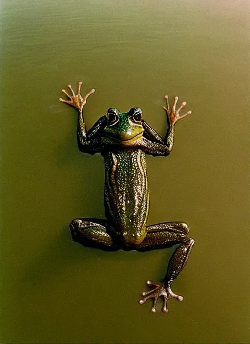 Prompt: “semitranslucent smiling frog amphibian vertically hovering over misty lake waters in crucifix pose, low angle, long cinematic shot by Andrei Tarkovsky, paranormal, eerie, mystical”