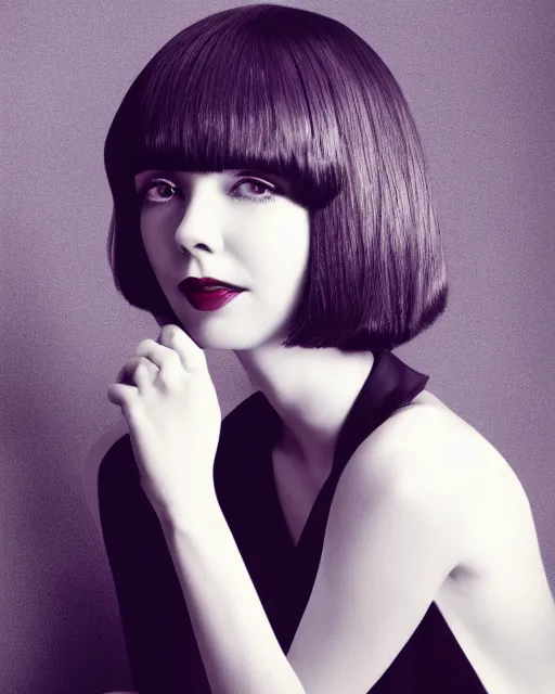 Prompt: colleen moore 2 5 years old, bob haircut, portrait casting long shadows, resting head on hands, by ross tran, new wave