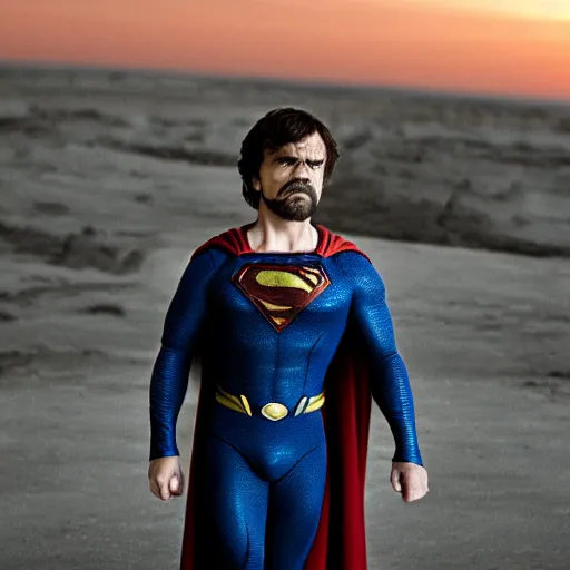 Image similar to stunning awe inspiring peter dinklage as superman, movie still 8 k hdr atmospheric lighting