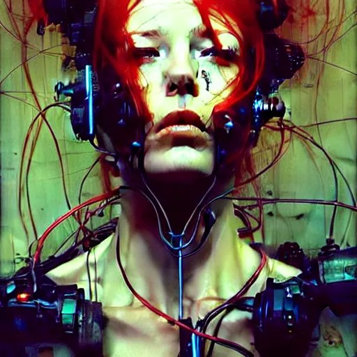 Image similar to beautiful redhead woman, cyberpunk dreams!, wires cybernetic implants!!, in the style of adrian ghenie, esao andrews, jenny saville, surrealism, dark art by james jean, takato yamamoto