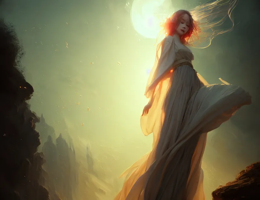 Prompt: her robes flutter gently in the wind ; the day is peaceful, a beautiful digital painting by wlop, volumetric light, intricate details, by art germ, fantasypunk, amazing d & d art, trending cgsociety, artstation, sharp, amazing wallpaper