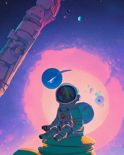 Prompt: wide shoot an cosmonaut lie relaxed on a crescent moon between the stars and the planets in outer space, cosmonaut post grunge concept art,psychedelic,high detail,4k, trending on artstation by josan gonzalez and tyler edlin