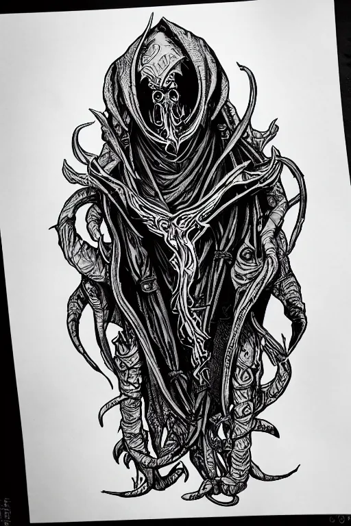 Image similar to illithid warlock, black ink on paper, trending on artstation, beautiful, intricate, detailed