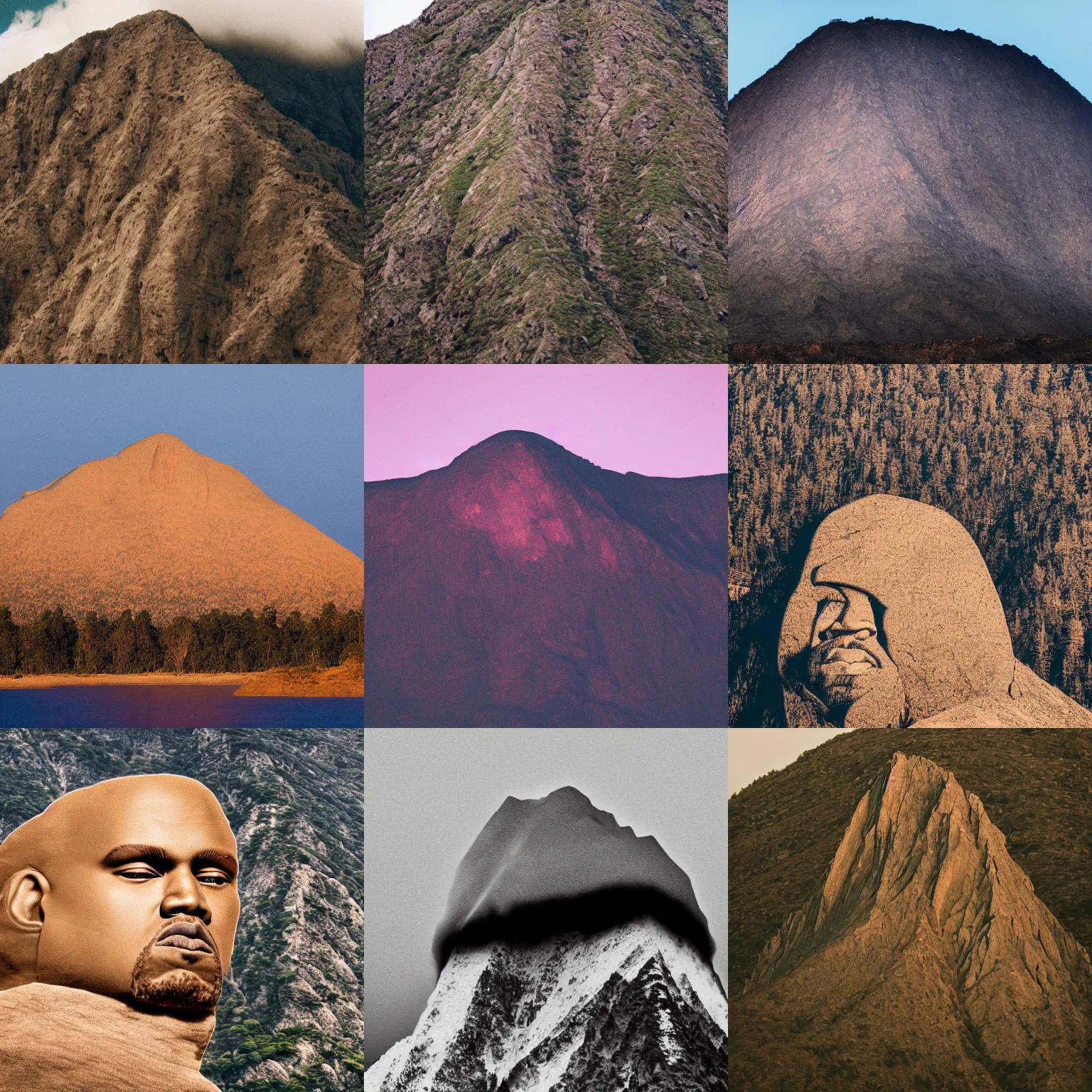 Prompt: Mountain shaped like Kanye West's head, landscape photograph