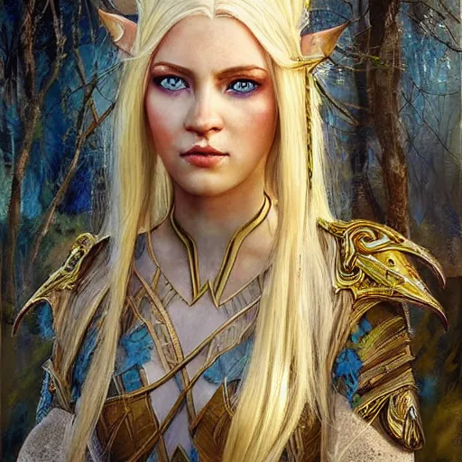 Image similar to a beautiful elven princess with a blond hair and blue eyes, fantasy character portrait by denis sarazhin