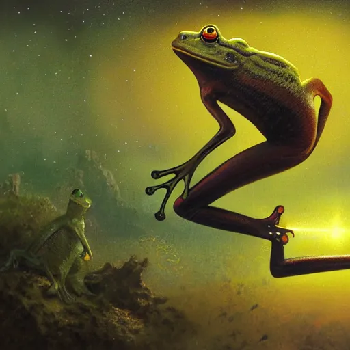 Prompt: long shot of a froggy alien, by esao andrews, by m. w. kaluta, by james web telescope, by ridley scott, ultra humorous beautiful oil painting, cinematic space scenery, small depth of field, depth perception, volumetric light, rich colors, 3 d octane render, 8 k, conceptart, hyperdetailed, hyperrealistic, trending on artstation