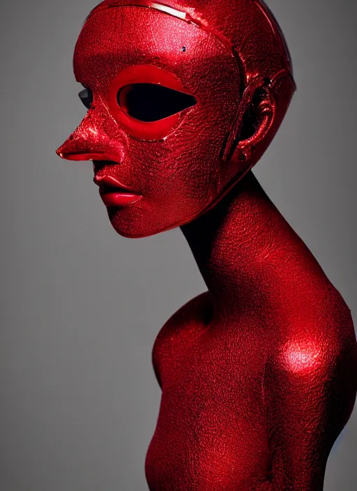 Prompt: a fashion portrait photograph of a robot head art directed by Alexander McQueen, red color palette, 35mm, pentax, studio lighting