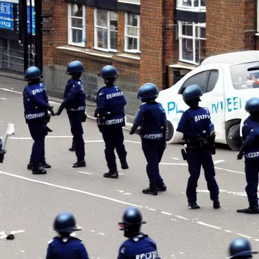 Image similar to film still, policemen, in 2011 London riots