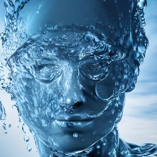 Image similar to water artwork manipulation in the shape of a human head, on the ocean water, ray tracing, realistic water sharp focus, long shot, 8 k resolution, cinematic, water art photoshop