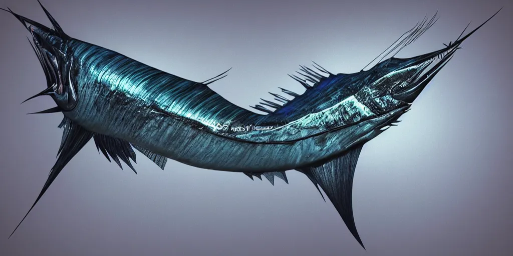 Image similar to sailfish, stylized layered textures, long flowing fins, bioluminescent orbs, 3 d render, substance painter, glowing eye, smooth, sharp focus, art by h r giger