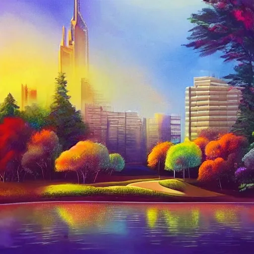 Image similar to Beautiful city of the future in harmony with nature. Nice colour scheme, soft warm colour. Beautiful painting by Lurid. (2022)