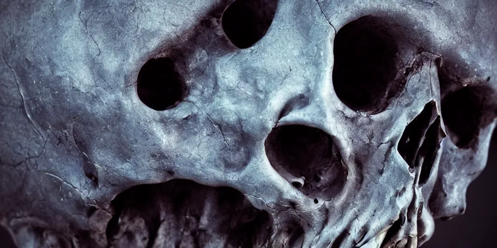 Image similar to an alien skull closeup, studio lighting, deep colors, apocalyptic setting, gross, evil