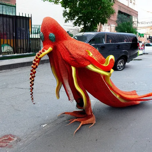 Prompt: a strange bird octopus hybrid creature waiting for the bus