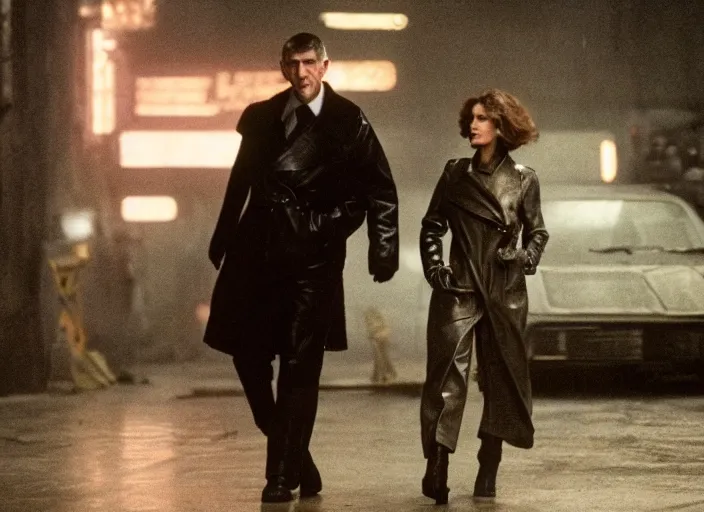 Image similar to film still andrej babis wearing leather coat as a detective in blade runner, 8 k