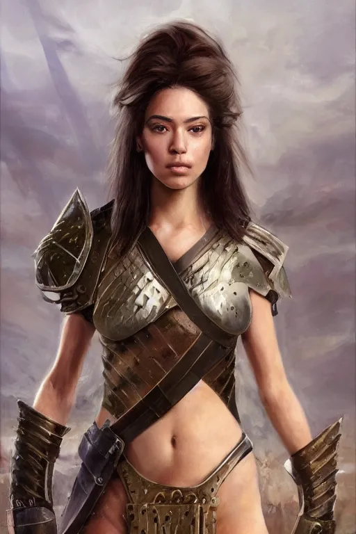 Prompt: a photorealistically painted portrait of an attractive young female, partially clothed in battle armor, with an abstractly painted background, flawless olive skin, fair complexion, long dark hair, beautiful bone structure, perfectly symmetric facial features, perfect photorealistic eyes, natural physique, intricate, elegant, digital painting, concept art, finely detailed, beautifully illustrated, sharp focus, minimal artifacts, volumetric lighting, from Metal Gear, by Ruan Jia and Mandy Jurgens and Artgerm and William-Adolphe Bouguerea, in the style of Greg Rutkowski, trending on Artstation, award winning art