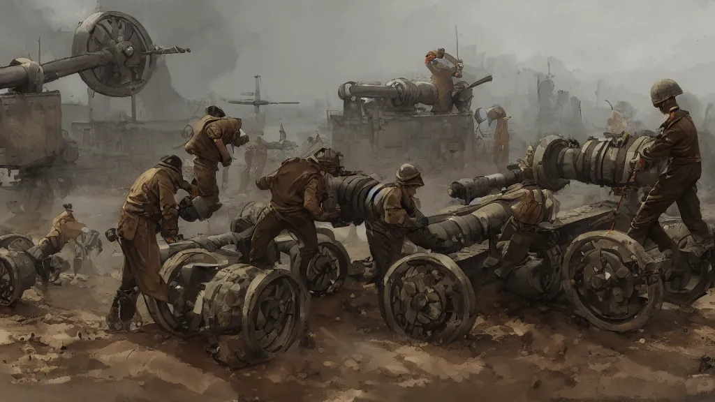 Prompt: artillery crew loading cannon shells into a howitzer, rule of thirds, watercolored, jakub rozalski, dark colours, dieselpunk, artstation