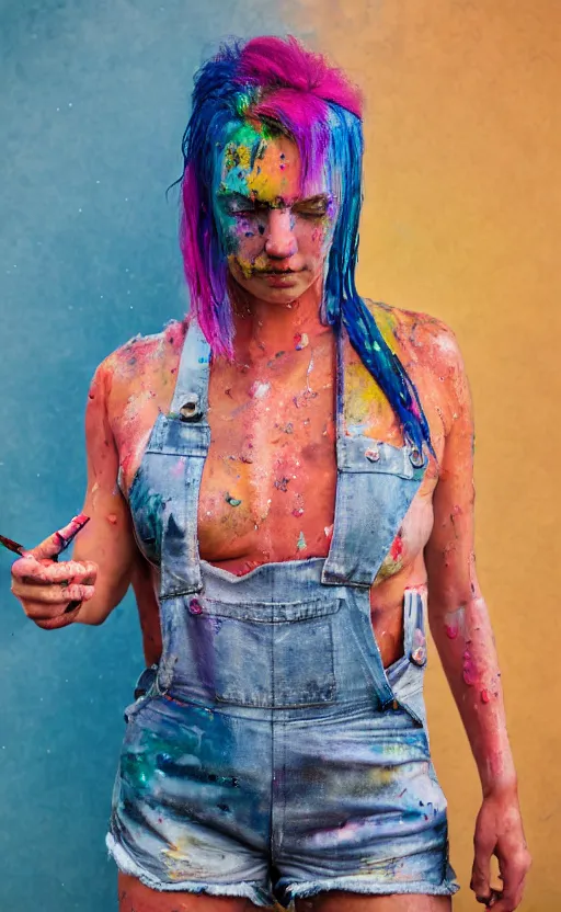 Image similar to grungy woman, rainbow hair, soft eyes and narrow chin, dainty figure, wet t-shirt, torn overalls, skimpy shorts, covered in paint, Sony a7R IV, symmetric balance, polarizing filter, Photolab, Lightroom, 4K, Dolby Vision, Photography Award