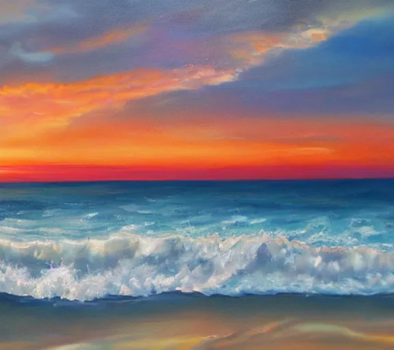 Image similar to a beautiful painting of a beach sunset with raging waves