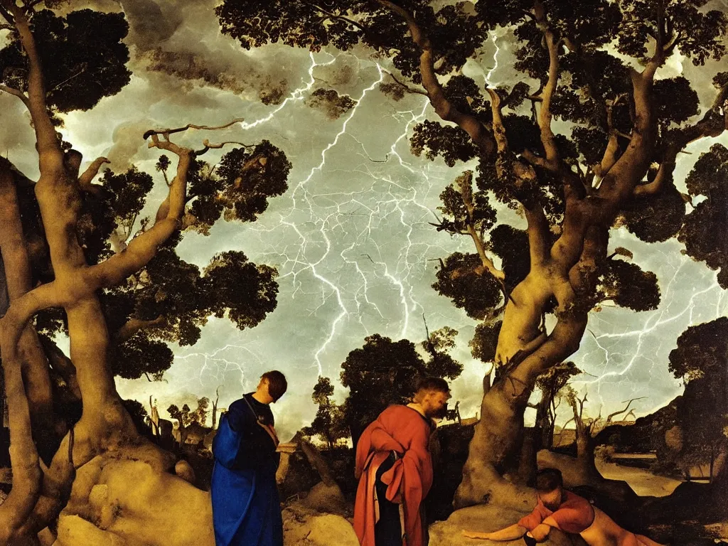 Prompt: Melancholic man with blue eyes looking at a lightning that strikes a tree, painting by Lorenzo Lotto