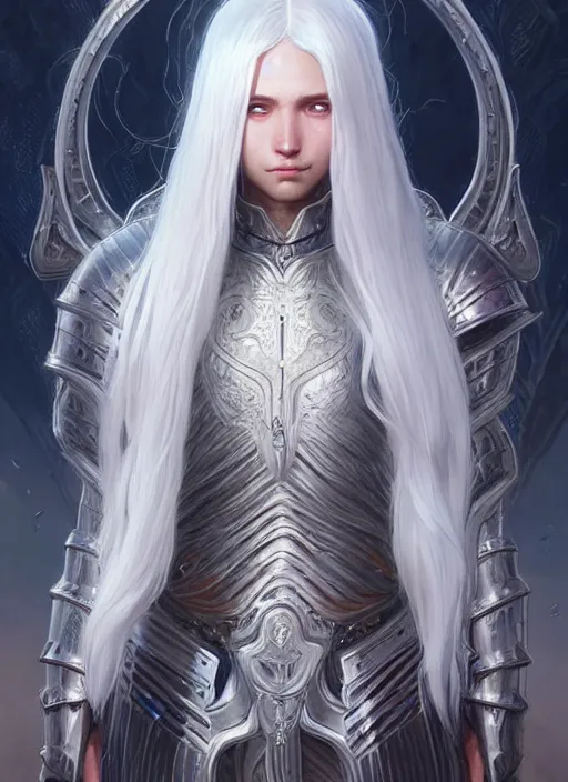 Image similar to light iridescent armor!!! long wild white hair!! covered chest!!! fantasy, d & d, intricate ornate details, digital painting, pretty face!!, symmetry, concept art, sharp focus, illustration, art by artgerm! greg rutkowski magali villeneuve wlop! ilya kuvshinov!!, octane render