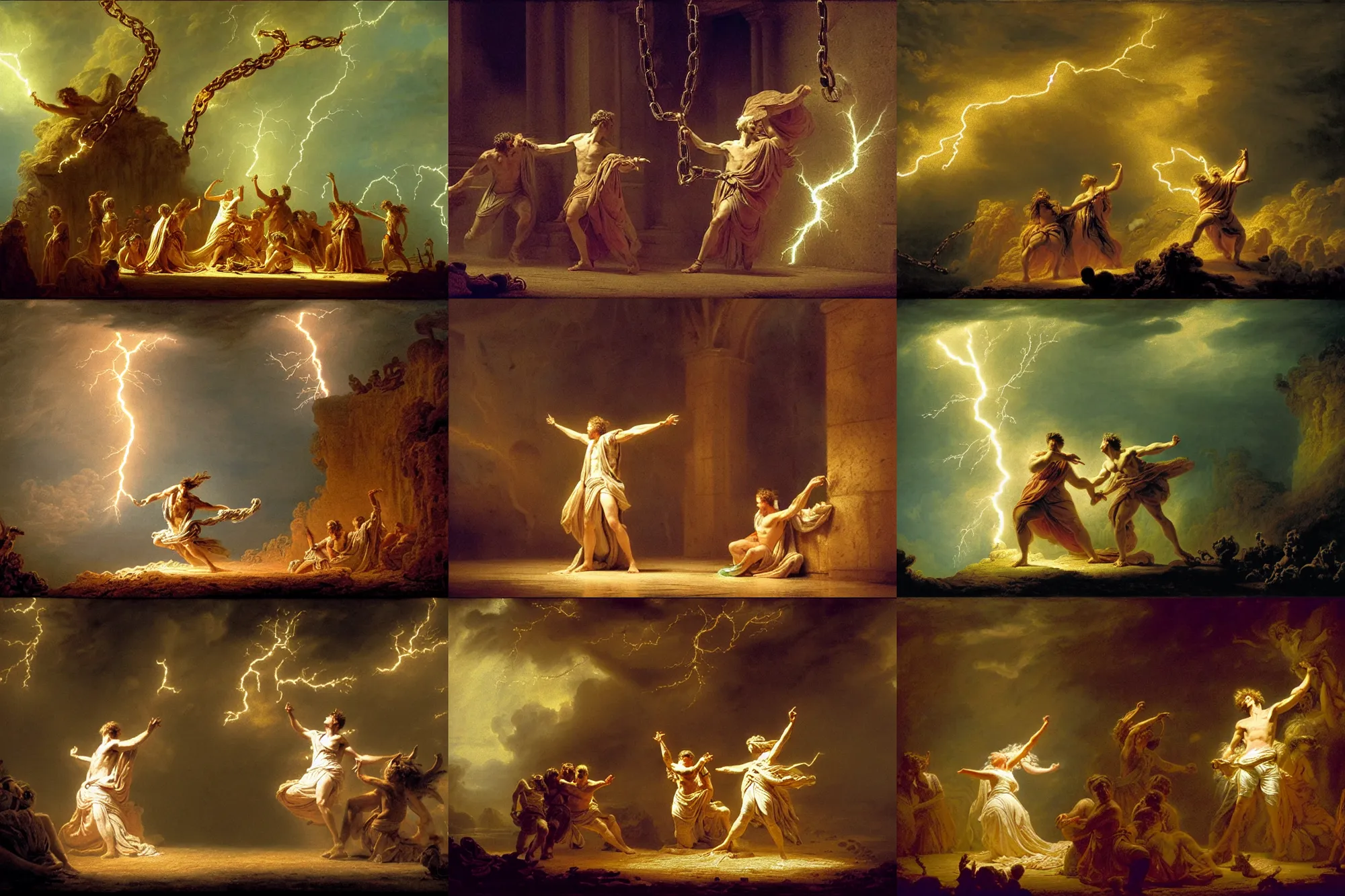 Prompt: briareus struck by lightning, windy, chains broken on hands, dramatic, stoic, modern, is ( ( with arms half lifted toward us ) ). light dust, magnificent, hyperdetailed, theatrical, masterpiece, from below, 3 5 mm lens, painted by jean honore fragonard and greg rutkowski