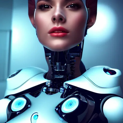 Prompt: portrait of a beautiful woman robot android, futuristic cgi render keyshot octane 8k professional cinematic lighting