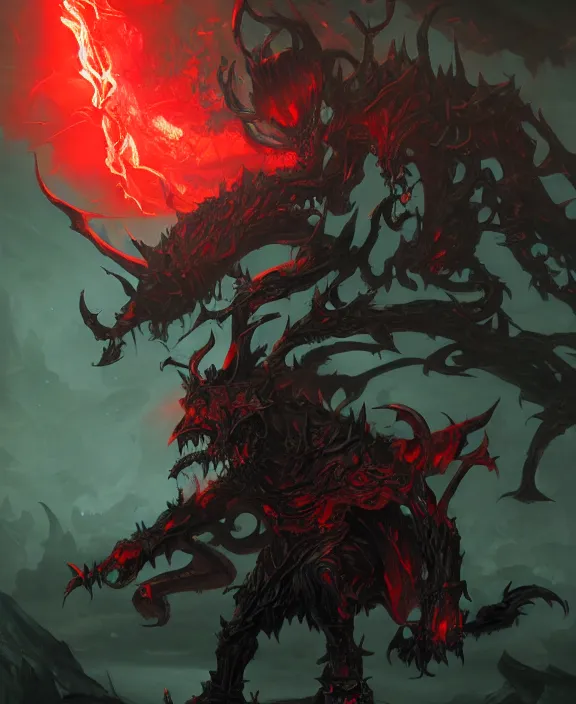 Prompt: a pitch black demon with unnatural armour and glowing red eyes by Steohan Martiniere and Peter Mohrbacher, 4k resolution, detailed