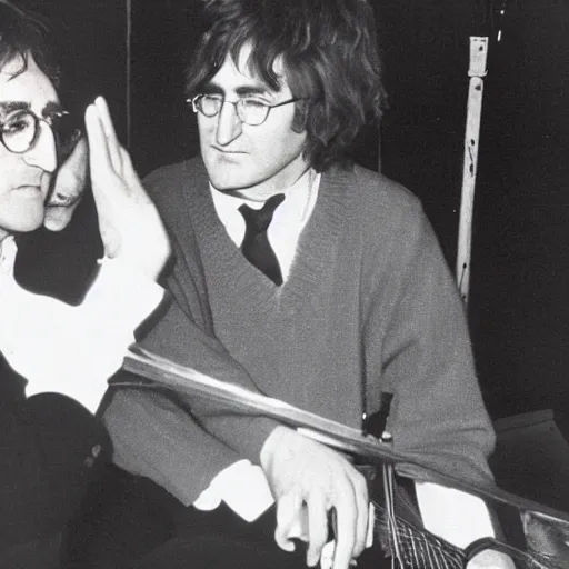 Prompt: a photo of john lennon with beethoven