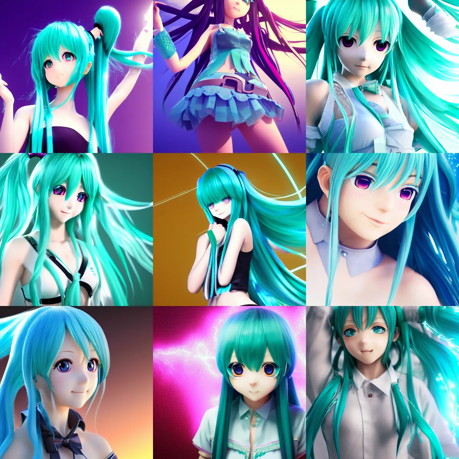 Prompt: render of a full body portrait as a very beautiful 3d anime girl Hatsune miku, long braided teal hair, hazel eyes, revealing outfit, full round face, short smile, cinematic lightning, medium shot, mid-shot, highly detailed, trending on Artstation, Unreal Engine 4k, cinematic wallpaper