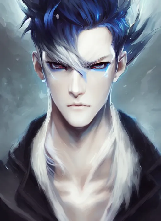 Prompt: highly detailed portrait art of half skull face boy white hair, black and blue eyes, ross tran, krenz cushart, white shirt, vd, intricate, digital anime art, sharp focus