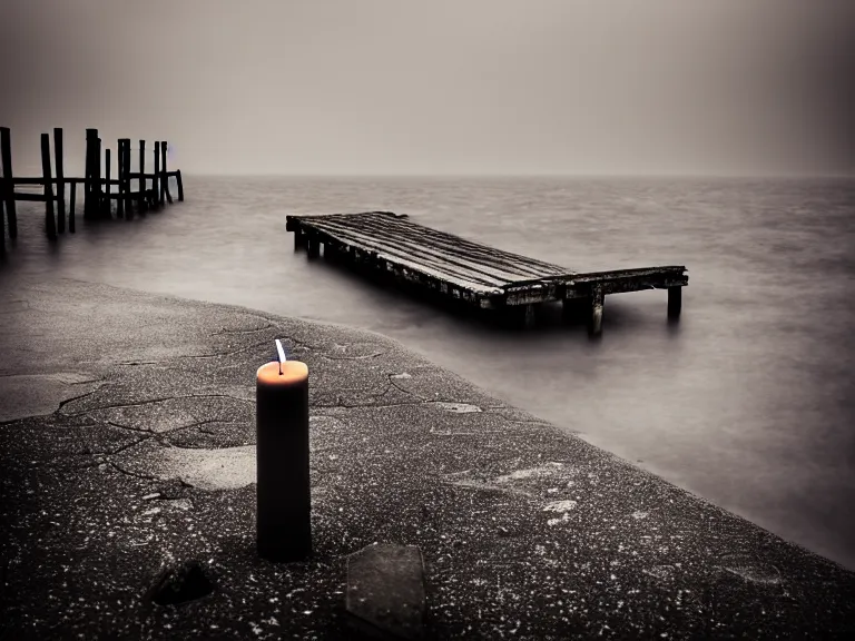 Image similar to a forgotten wharf on a cold sea by zacharias aagaard and magali villeneuve and ruth deckard, hyperrealism, high contrast, low light, bokeh, short focal length, desaturated, grey mist, cobblestones, orange candle flames, volumetric lighting