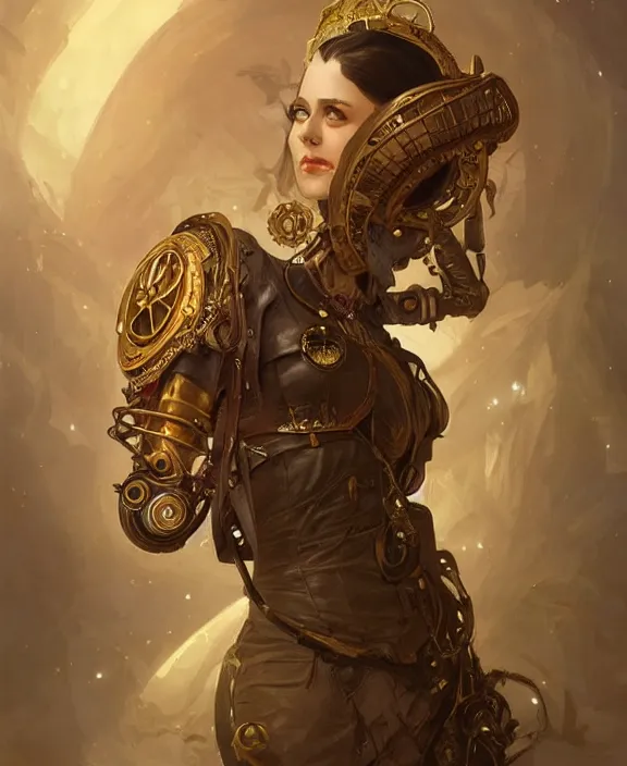 Image similar to portrait of a steampunk beautiful goddess, wearing helmet, half body, d & d, fantasy, intricate, elegant, highly detailed, digital painting, artstation, concept art, art by artgerm and greg rutkowski and alphonse mucha