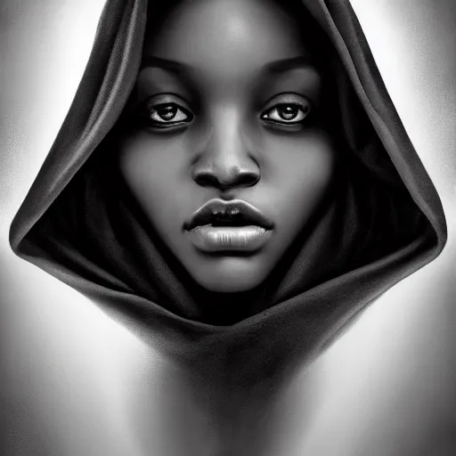 Image similar to a portrait of a young black woman wearing a long dark cloak, hood and shadows covering face, anatomically correct, beautiful perfect face, enigmatic, oil painting, matte painting, black background, Volumetric dynamic lighting, Highly Detailed, Cinematic Lighting, Unreal Engine, 8k, HD, by Beksinski