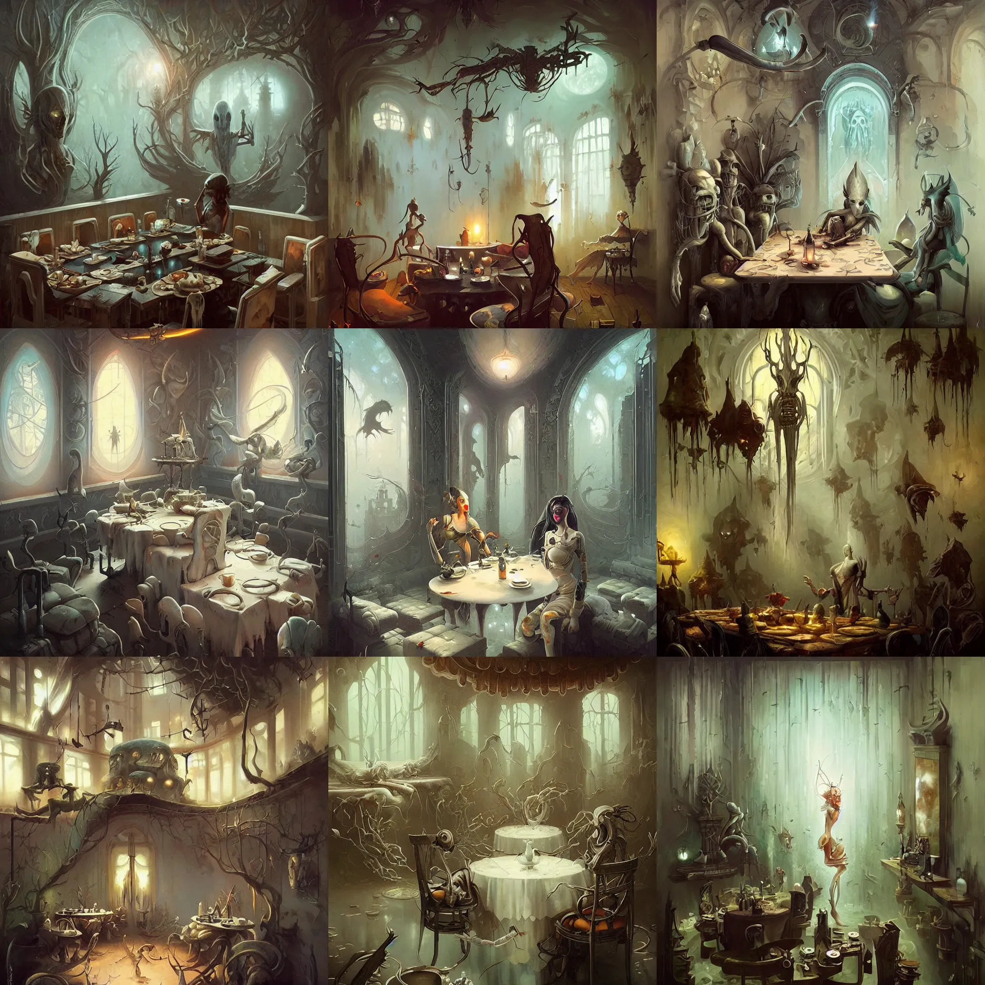 Prompt: a serene and tranquil dining room, haunted house, masterpiece, peter mohrbacher, rhads!!!, magical realism, urban fantasy, ( h. r. giger )
