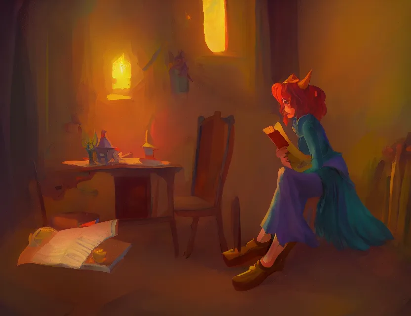 Prompt: anthro witch girl in a cozy study. complementary colors, oil painting, indie concept art, bloom, chiaroscuro, backlighting, intricate details.